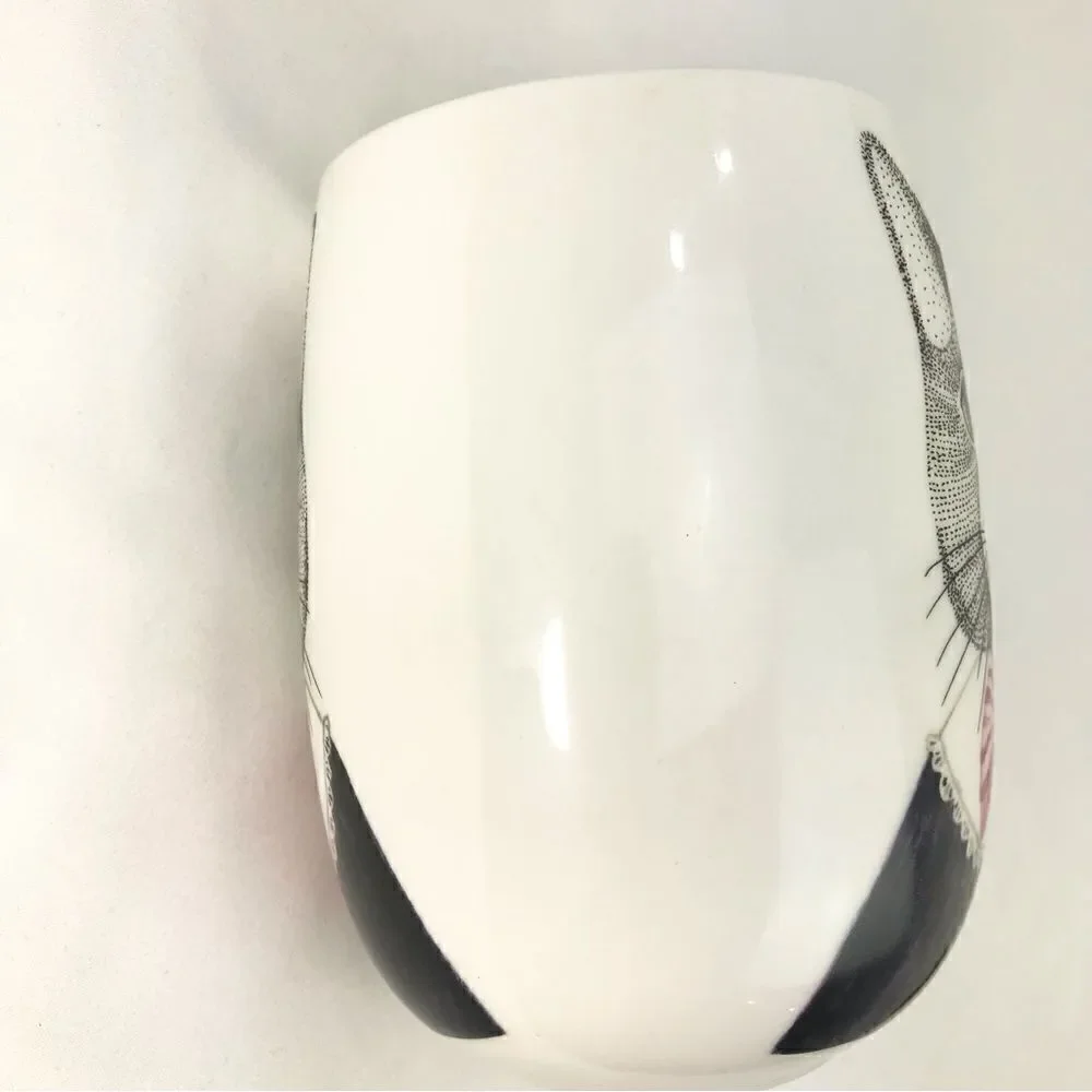 Pier 1 Fancy Cat Black White Pink Stripe Bow Double Sided Graphic China Mug